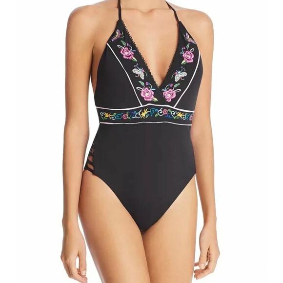 Nanette Lepore Swim Black Floral Embroidered Tassel One-Piece Boho Swimsuit Sz 6 - Picture 1 of 16